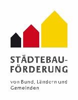 Logo der Städtebauförderung von Bund, Ländern und Gemeinden, das drei Häuser in den Farben Schwarz, Rot und Gold zeigt
