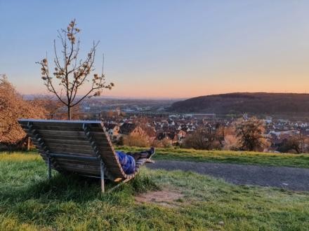 Sonnenliege in den Plochinger Streuobstwiesen Holzsonnenliege in den Plochinger Streuobstwiesen mit Aussicht auf die Stadt Plochingen