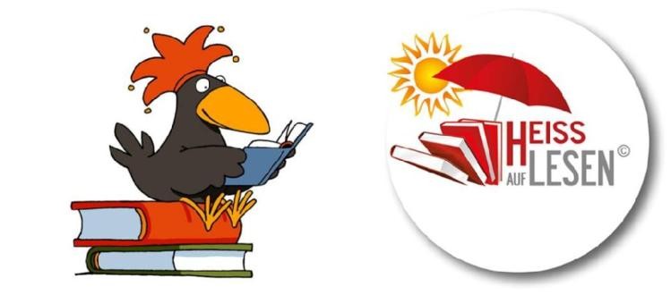 Rabe Antolin und Logo von "Heiß auf Lesen" Auf der linken Seite ist sitzt ein Rabe auf einem Bücherstapel, auf der rechten Seite ist das Logo von "Heiß auf Lesen" zu sehen