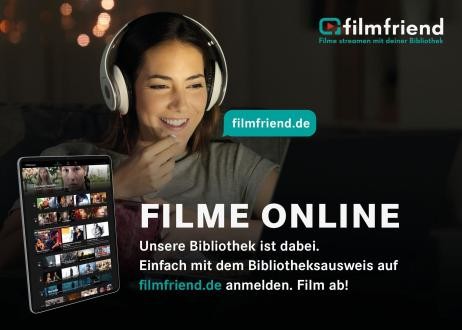 filmfriend-Streamingdienst Plakat des filmfriend-Streamingdienstes, das eine junge Frau mit Kopfhörern zeigt, die einen Film schaut