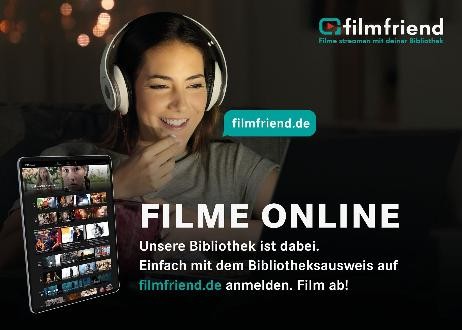 Plakat des filmfriend-Streamingdienstes, das eine junge Frau mit Kopfhörern zeigt, die einen Film schaut