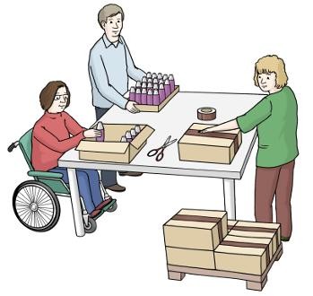 Zeichnung einer Arbeitssituation in der Lebenshilfe für Menschen mit geistiger Behinderung