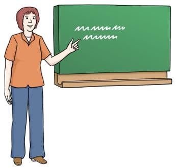 Zeichnung einer Lehrerin, die an einer Schultafel steht