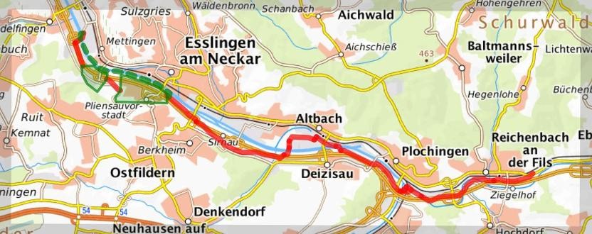 Karte des Radschnellweg RS 4 Esslingen - Reichenbach an der Fils