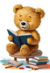 Gezeichneter Teddybär sitzt auf kleinem Schemel und liest mit freundlichem Gesicht