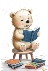Gezeichneter weißer Teddybär sitzt auf kleinem Schemel und liest mit freundlichem Gesicht          